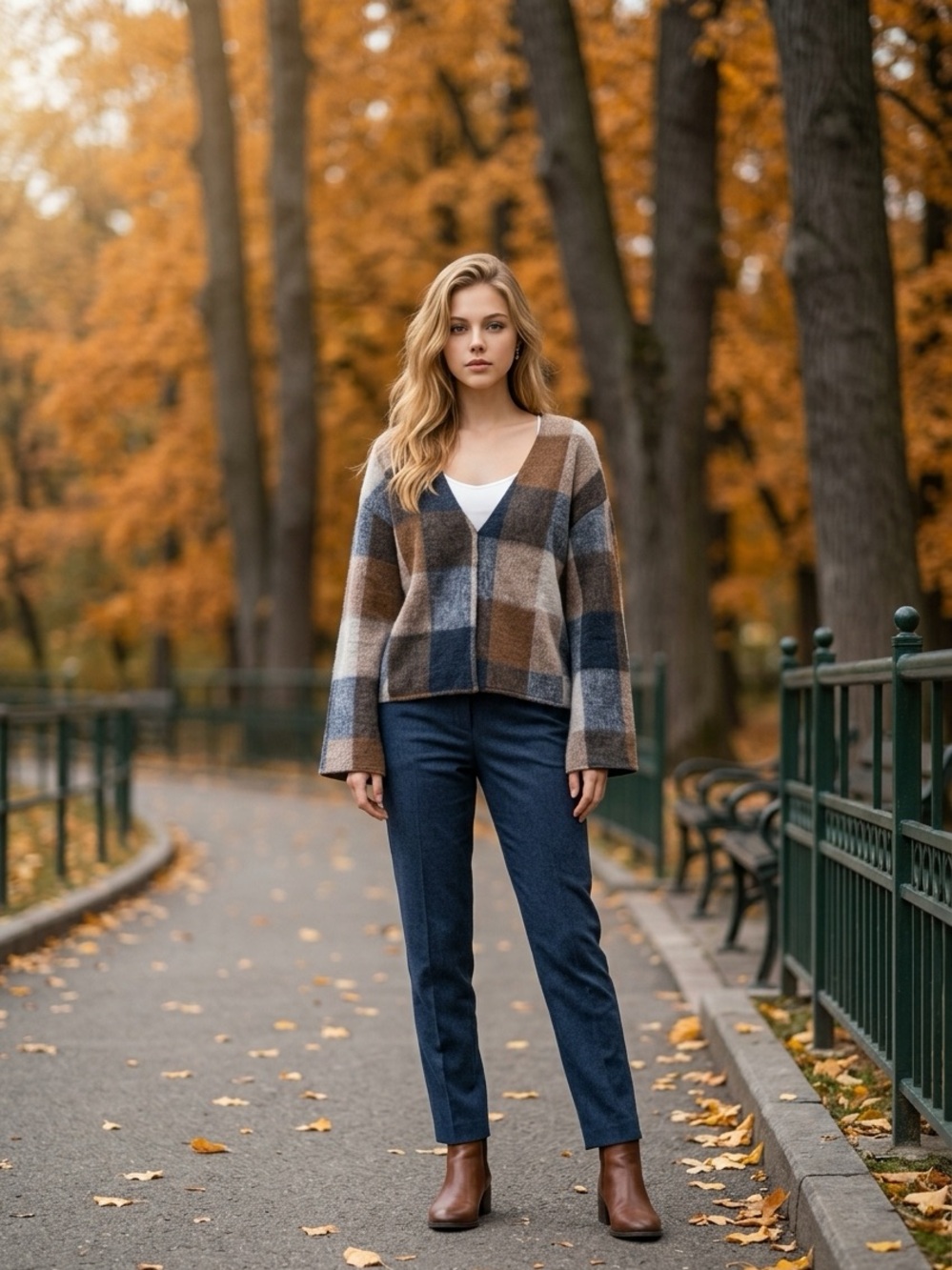 NWT- Zara Soft plaid Sweatshirt V -neck Brown & Navy Blue Size/M